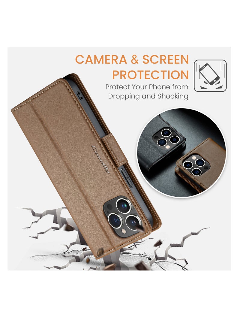 CaseMe - Flip Wallet Case For Apple iPhone 13 Pro Max, [RFID Blocking] PU Leather Wallet Flip Folio Case with Card Holder Kickstand Shockproof Phone Cover (Brown) - Image 1