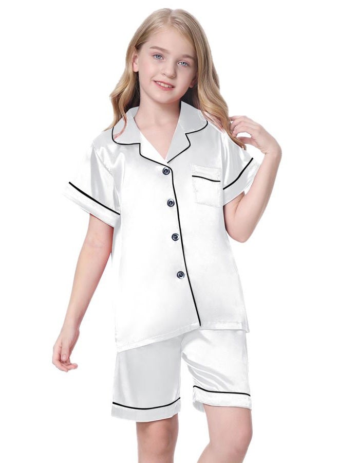 Schbbbta Silk Pajamas for Girls, 2 Pcs Sleepwear Short Sleeve Stain Summer Pajama Set for Teen Girls and Boys, White, 4-5T = Tag 120 - Image 4