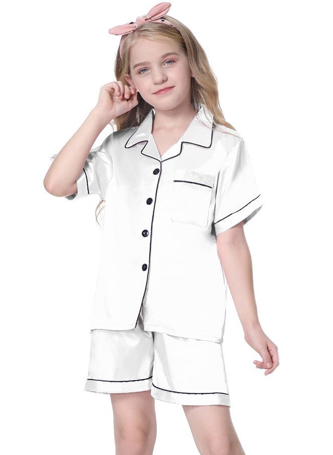 Schbbbta Silk Pajamas for Girls, 2 Pcs Sleepwear Short Sleeve Stain Summer Pajama Set for Teen Girls and Boys, White, 4-5T = Tag 120 - Image 2