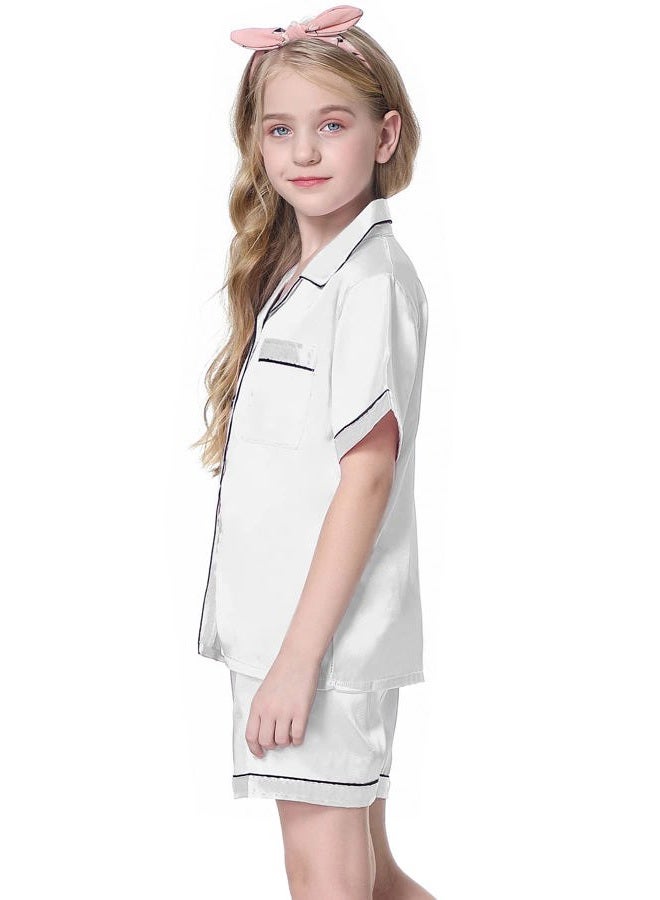 Schbbbta Silk Pajamas for Girls, 2 Pcs Sleepwear Short Sleeve Stain Summer Pajama Set for Teen Girls and Boys, White, 4-5T = Tag 120 - Image 3
