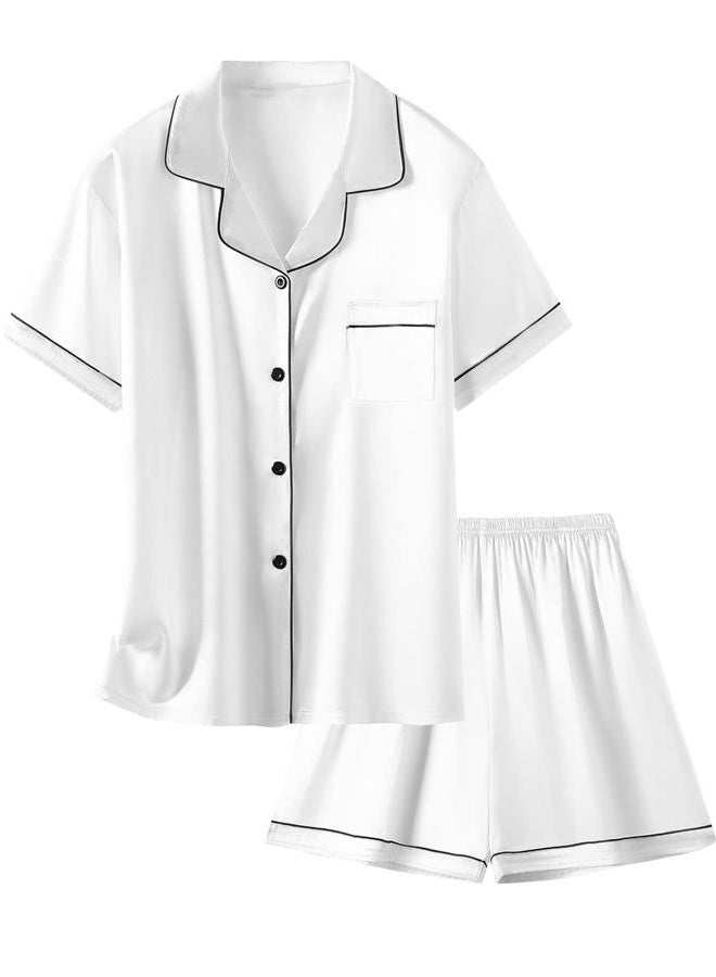 Schbbbta Silk Pajamas for Girls, 2 Pcs Sleepwear Short Sleeve Stain Summer Pajama Set for Teen Girls and Boys, White, 4-5T = Tag 120 - Image 1