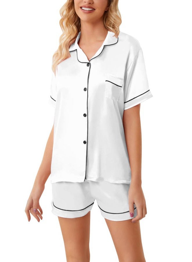 Schbbbta Silk Pajamas for Girls, 2 Pcs Sleepwear Short Sleeve Stain Summer Pajama Set for Teen Girls and Boys, White, 4-5T = Tag 120 - Image 5