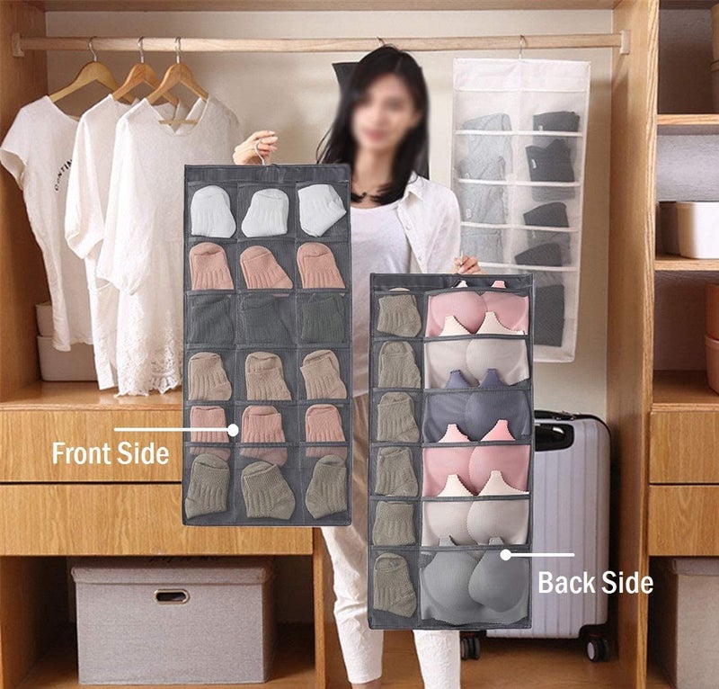 Bluwings Bluwings Multifunction Hanging Organizer with Mesh 30 Pockets Rotating Metal HangerDual Sided Wall Shelf Wardrobe Storage Bags Space Saver Bag for Bra Underwear Underpants Socks Grey 1 PC  - Image 2