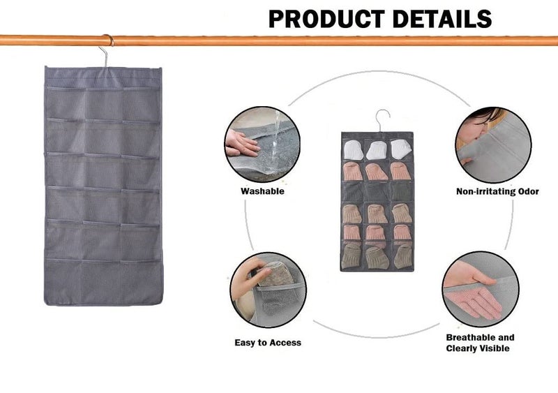 Bluwings Bluwings Multifunction Hanging Organizer with Mesh 30 Pockets Rotating Metal HangerDual Sided Wall Shelf Wardrobe Storage Bags Space Saver Bag for Bra Underwear Underpants Socks Grey 1 PC  - Image 3