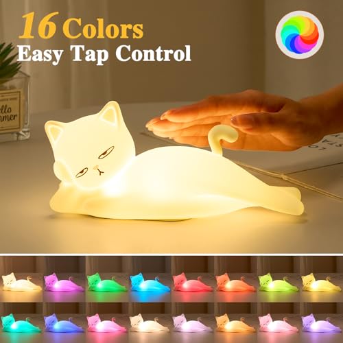 Mubarek Lying Flat Cat Night Light, 16 Colors+5 Dimming+Silicone Cute Lamp, Touch+Remote Control Cat Lamp, Rechargeable Night Light,Fun & Cool Weird Stuff Random Stuff, White Elephant Gifts for Adults, Kids - Image 3