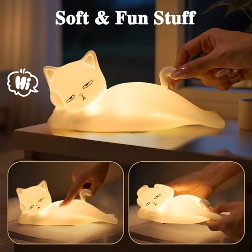 Mubarek Lying Flat Cat Night Light, 16 Colors+5 Dimming+Silicone Cute Lamp, Touch+Remote Control Cat Lamp, Rechargeable Night Light,Fun & Cool Weird Stuff Random Stuff, White Elephant Gifts for Adults, Kids - Image 5