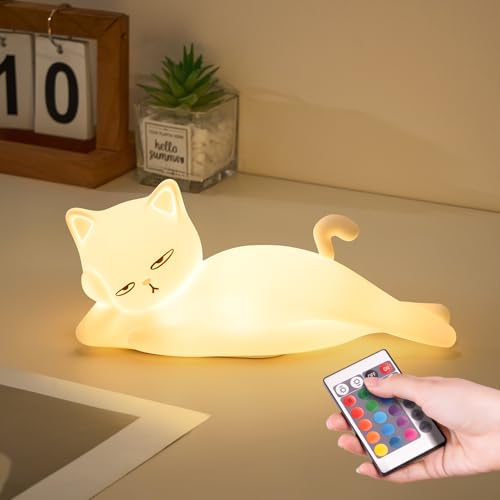 Mubarek Lying Flat Cat Night Light, 16 Colors+5 Dimming+Silicone Cute Lamp, Touch+Remote Control Cat Lamp, Rechargeable Night Light,Fun & Cool Weird Stuff Random Stuff, White Elephant Gifts for Adults, Kids - Image 1
