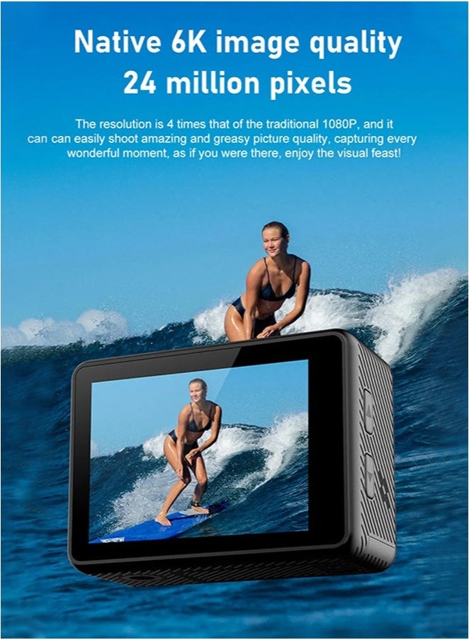 6K Action Camera with Remote Control | EIS Anti-Shake & 170° Wide-Angle | Dual Color Screens (1.4" Front + 2.0" Rear) | WiFi App Control & IP68 Waterproof | Includes 64GB Micro SD Card | Ideal for Vlogging, Cycling, Travel Adventures - Image 4