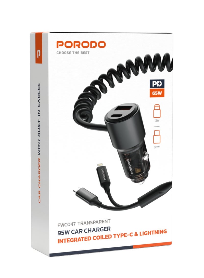 95W Car Charger Transparent with Integrated Coiled Type-C and Lightning 1.5M / Universal Compatibility / USB-A and USB-C Ports / Simultaneous Charging - Black