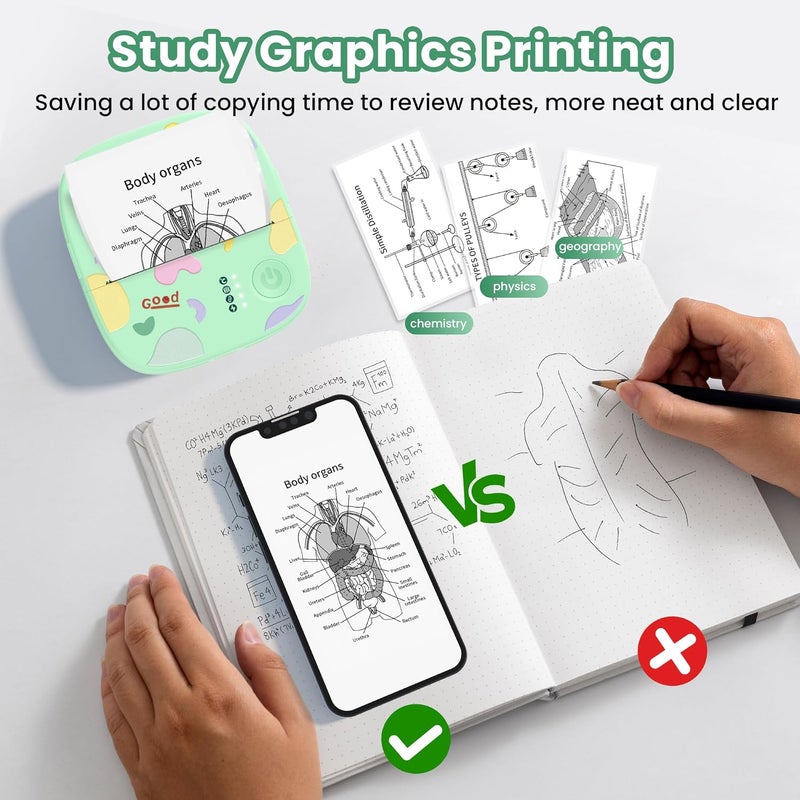 XenGro Printer Portable Thermal Sticker Maker, Mini Thermal Printer with 3 Rolls Paper, Bluetooth Inkless Print Pod, Pocket Label Maker Suitable for Creative DIY, Diaries, Photos, Study Notes (Green) - Image 5