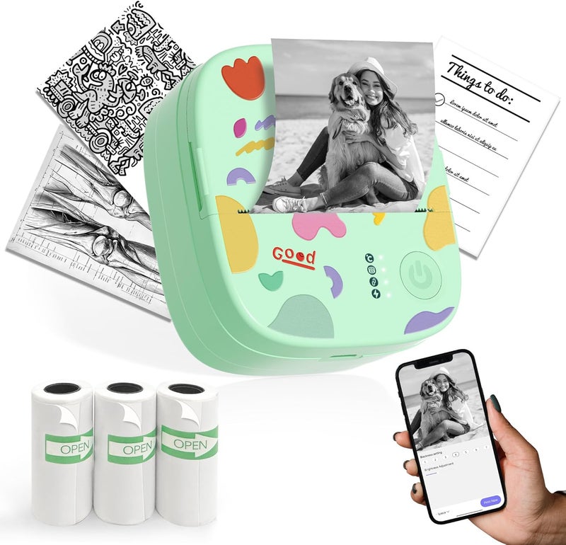 XenGro Printer Portable Thermal Sticker Maker, Mini Thermal Printer with 3 Rolls Paper, Bluetooth Inkless Print Pod, Pocket Label Maker Suitable for Creative DIY, Diaries, Photos, Study Notes (Green) - Image 1