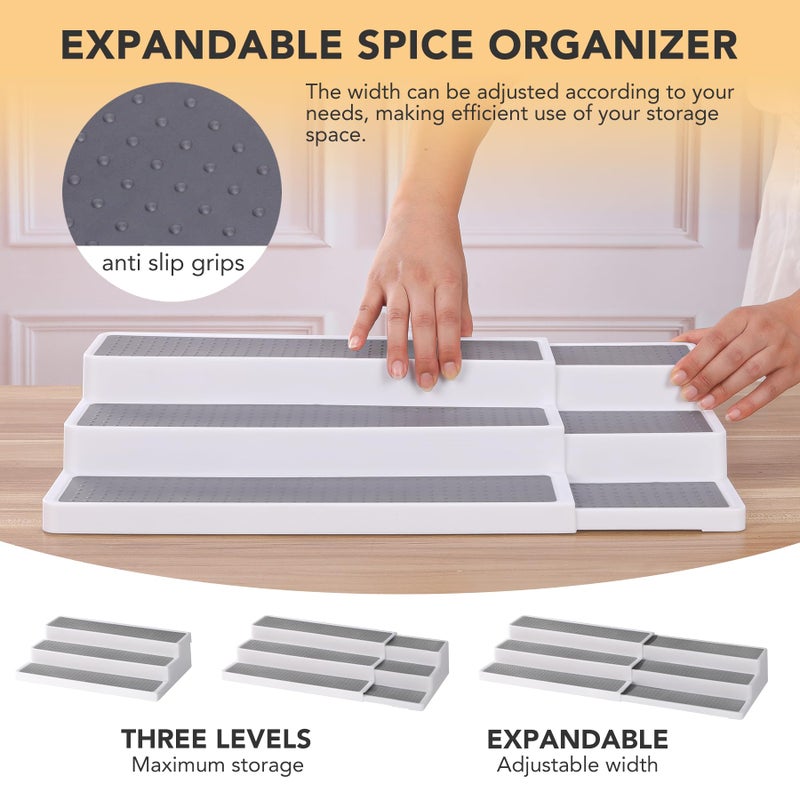 CiWiVOKi 3 Tier Expandable Spice Rack Organizer, White/Grey Plastic Spice Rack, Adjustable Length 14.6In-25.8In, 2 Pack Non-Skid Tiered Spice Shelf Organizer for Kitchen Cabinet, Cupboard, Pantry - Image 3
