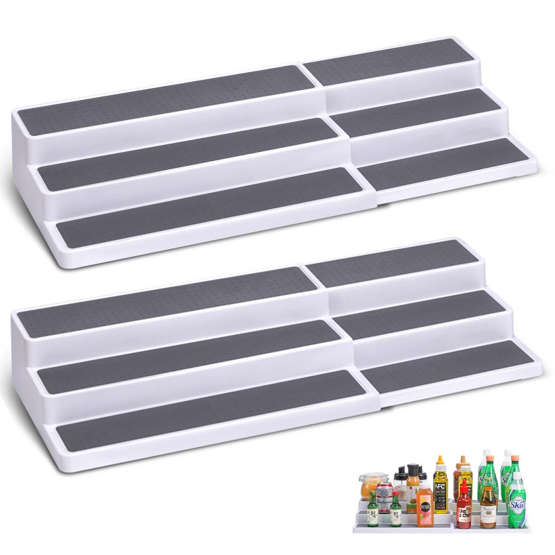 CiWiVOKi 3 Tier Expandable Spice Rack Organizer, White/Grey Plastic Spice Rack, Adjustable Length 14.6In-25.8In, 2 Pack Non-Skid Tiered Spice Shelf Organizer for Kitchen Cabinet, Cupboard, Pantry - Image 1