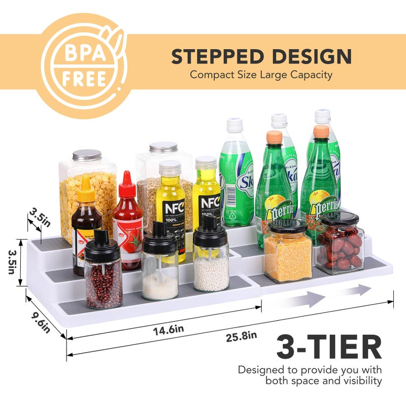CiWiVOKi 3 Tier Expandable Spice Rack Organizer, White/Grey Plastic Spice Rack, Adjustable Length 14.6In-25.8In, 2 Pack Non-Skid Tiered Spice Shelf Organizer for Kitchen Cabinet, Cupboard, Pantry - Image 2