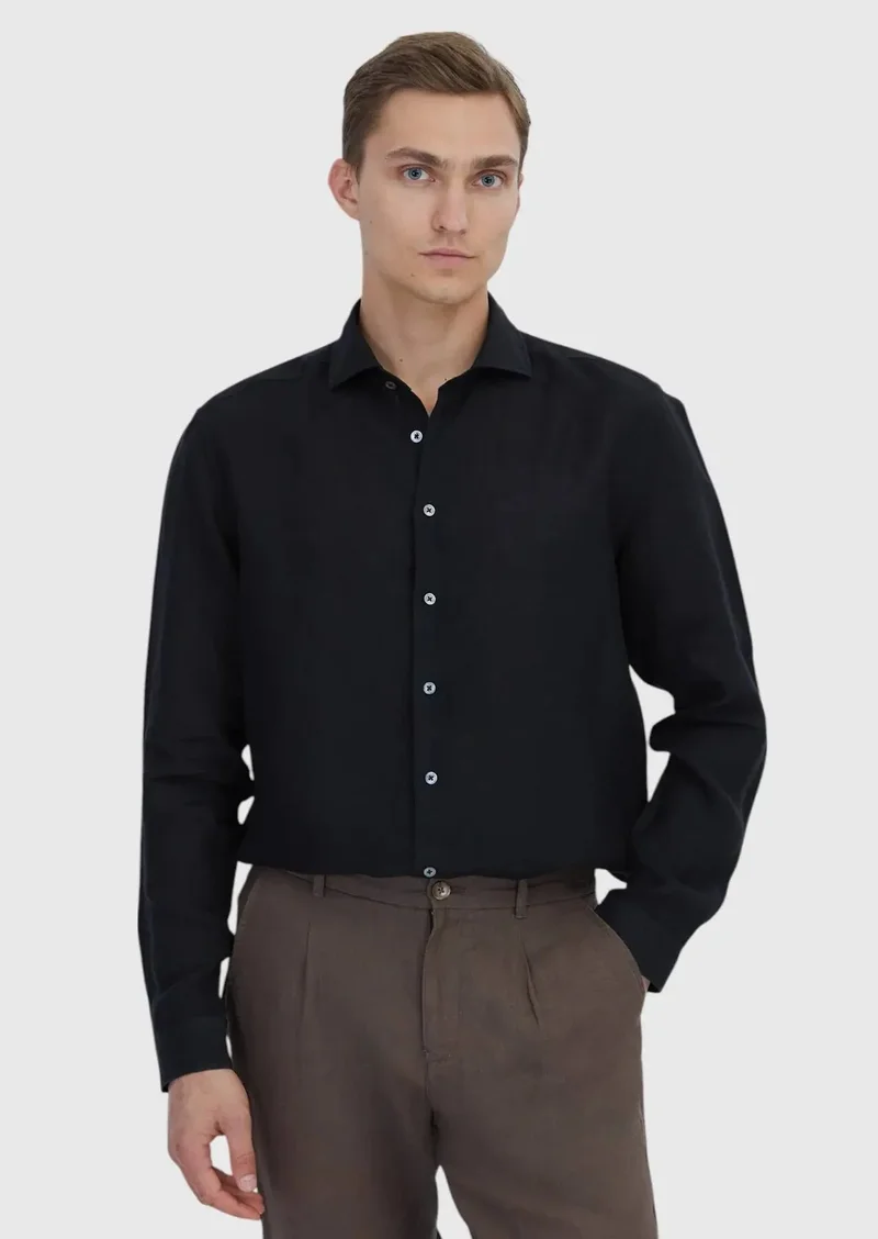 رامسي قميص أسود سادة بقصة كاجوال، مصنوع من الكتان بنسبة 100%