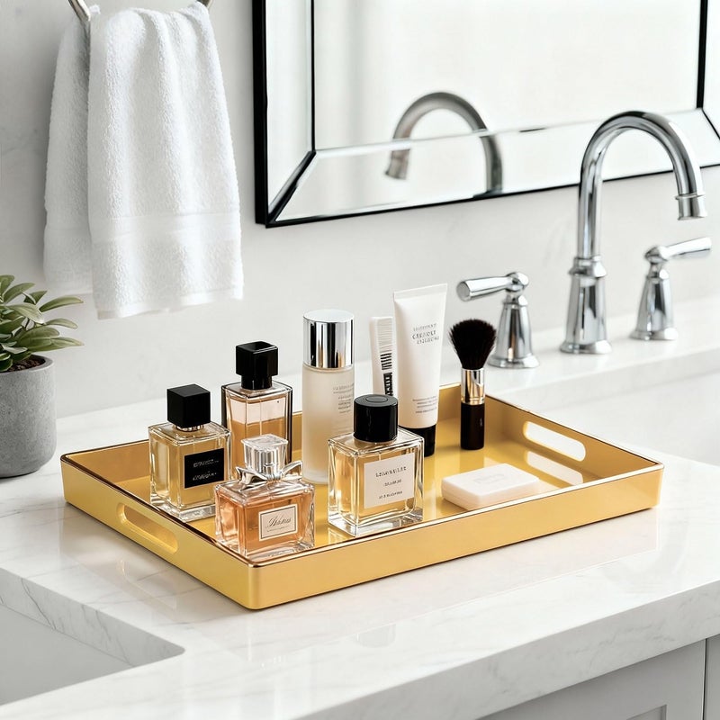 Simmer Stone Decorative Tray, Rectangle Plastic with Handles, Modern Vanity and Serving for Ottoman, Coffee table, Kitchen and Bathroom, 15.6" x 10.2" x 1.5" (Creamy) - Image 5