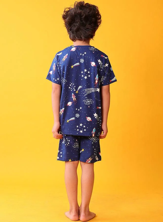 Anthrilo Navy Blue Space Print T-Shirt and Shorts Set