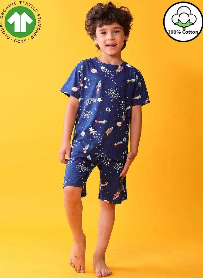 Anthrilo Navy Blue Space Print T-Shirt and Shorts Set