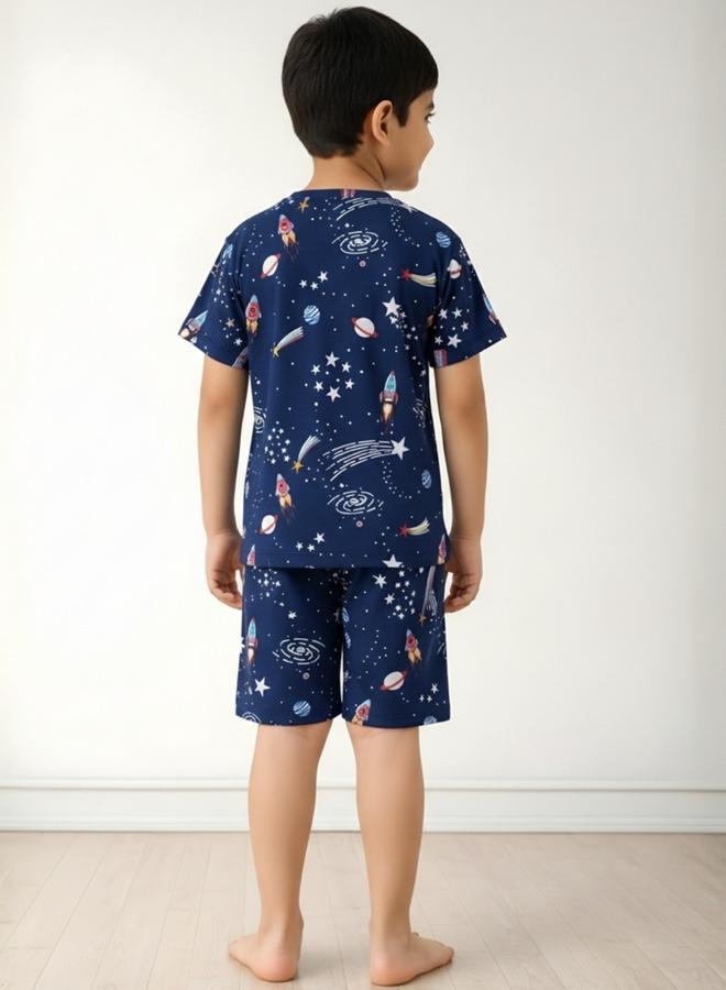 Anthrilo Navy Blue Space Print T-Shirt and Shorts Set - Image 3