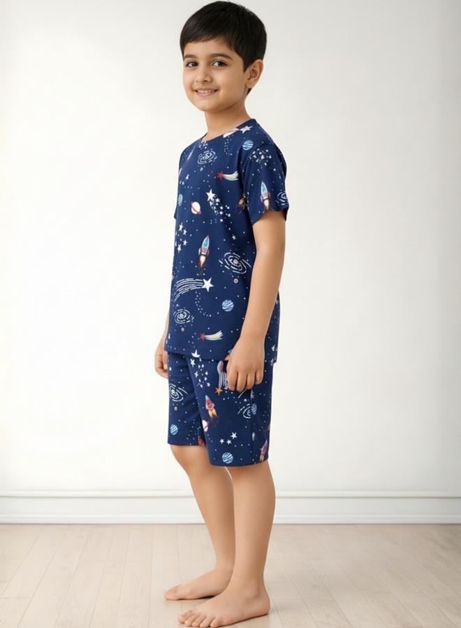 Anthrilo Navy Blue Space Print T-Shirt and Shorts Set - Image 2