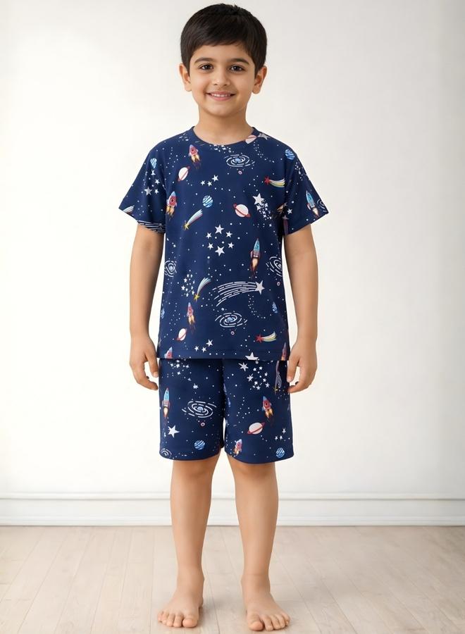 Anthrilo Navy Blue Space Print T-Shirt and Shorts Set - Image 1