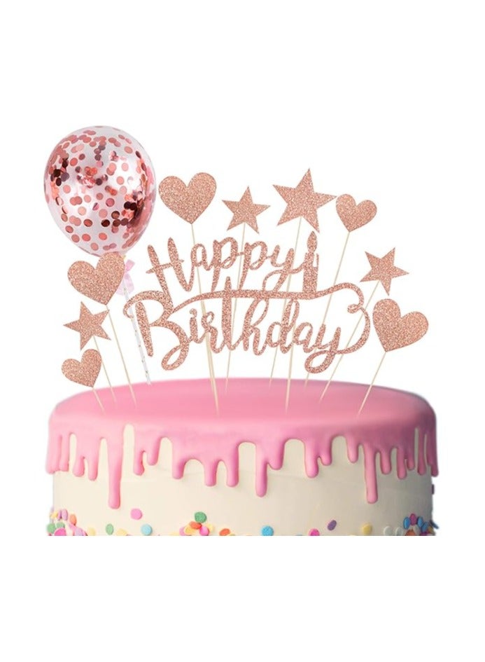 22 Pieces Rose Gold Cake Toppers Happy Birthday Cupcake Topper Rose Gold Cake Decoration Birthday Confetti Balloon for Birthday Party Anniversary Cake Decor  - Image 1