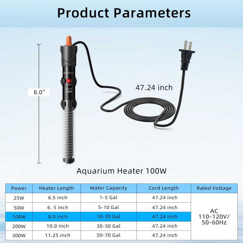 HiTauing Aquarium Heater 25W/50W/100W/200W/300W, Adjustable Knob Fish Tank Heater with Digital Thermometer, Submersible Betta/Turtle Tank Heater for Freshwater and Saltwater Tanks - Image 2
