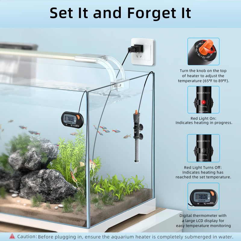 HiTauing Aquarium Heater 25W/50W/100W/200W/300W, Adjustable Knob Fish Tank Heater with Digital Thermometer, Submersible Betta/Turtle Tank Heater for Freshwater and Saltwater Tanks - Image 4