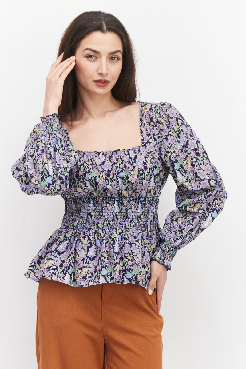 INC Women Square Neck Long Sleeve All Over Printed Top, Navy Combo - Image 1