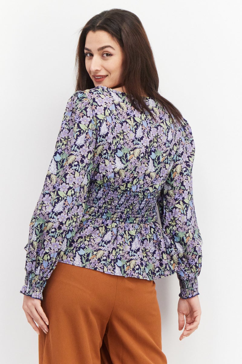 INC Women Square Neck Long Sleeve All Over Printed Top, Navy Combo - Image 3