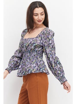 INC Women Square Neck Long Sleeve All Over Printed Top, Navy Combo  - Image 2