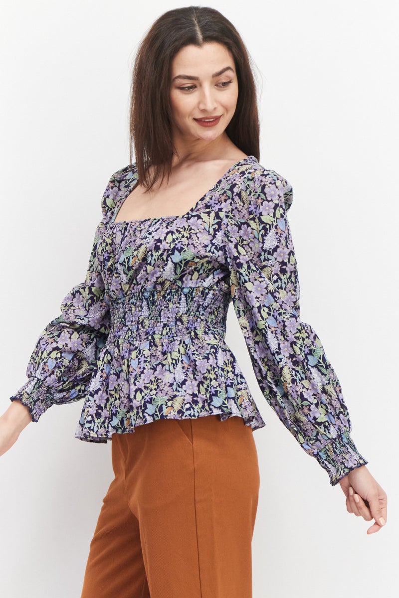 INC Women Square Neck Long Sleeve All Over Printed Top, Navy Combo - Image 2