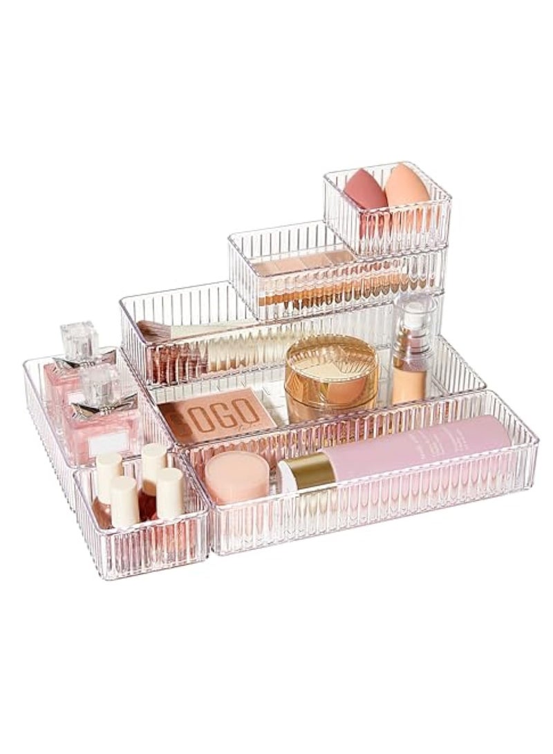 Arabest 7 PCS Clear Drawer Organizers Bins, 4-Size Stackable Makeup and Vanity Drawer Organizer Trays, Acrylic Bathroom Drawer Storage Containers for Cosmetic, Office Supply, Kitchen Utensils Gadgets - Image 1