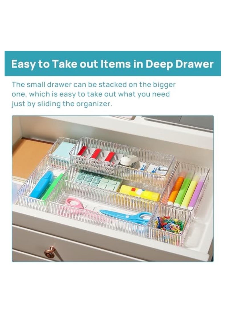 Arabest 7 PCS Clear Drawer Organizers Bins, 4-Size Stackable Makeup and Vanity Drawer Organizer Trays, Acrylic Bathroom Drawer Storage Containers for Cosmetic, Office Supply, Kitchen Utensils Gadgets - Image 3