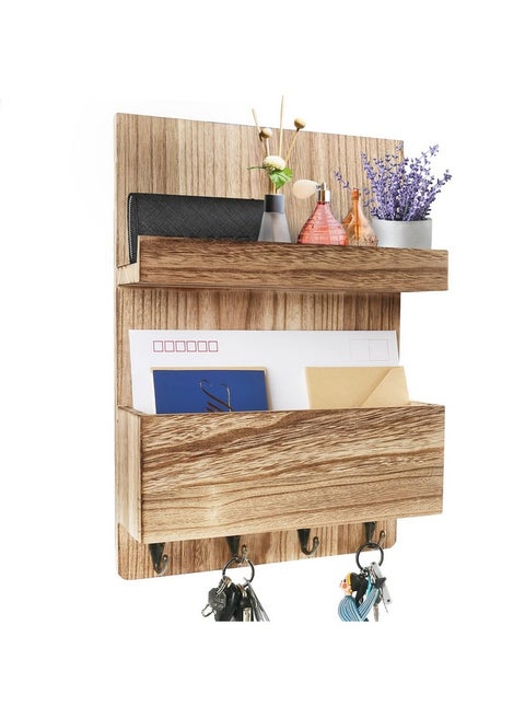 Mail Holder Wall Mount, Key Mail Organizer, Wooden Mail Sorter For Entryway, Hallway, With A Mail Box, A Floating Shelf And 4 Key Hooks