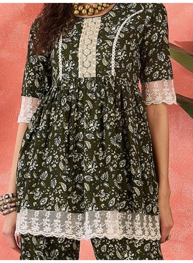 AKS Olive Green Kurta Sharara Set With Lace Details