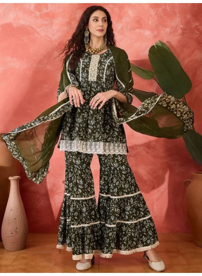 AKS Olive Green Kurta Sharara Set With Lace Details