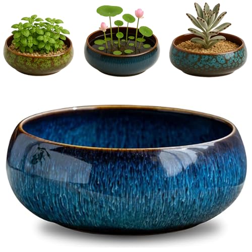 Oncpcare Lotus Bowl Planter Ceramic Water Plant Pot Sacred Bonsai Bowl Lotus Flower Shallow Glazed Vase for Lotus Seeds Bonsai Succulents Hydroponic Plants Blue - Image 1