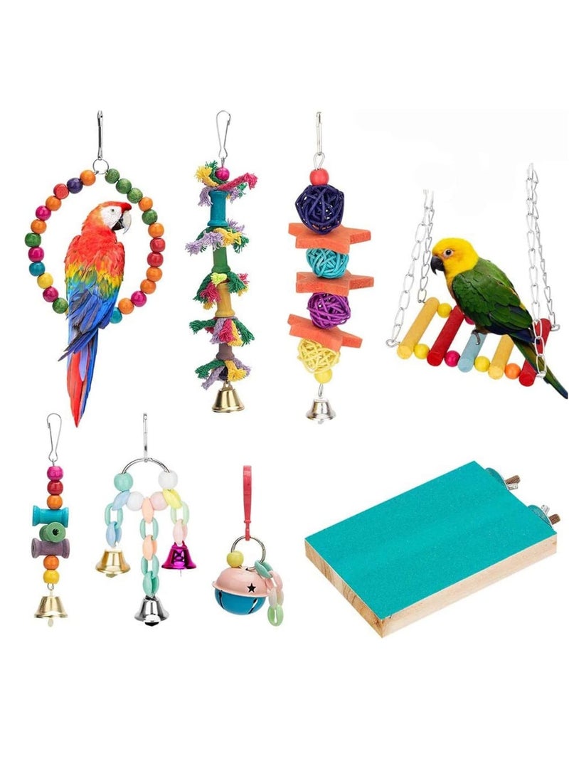 سيوسي لعب الطيور الببغاوات 8 قطع معلقة أرجوحة جرس مضغ للقفص كونور ببغاء كوكاتيل الببغاوات طيور المينا الببغاء والطيور الجميلة - Image 1