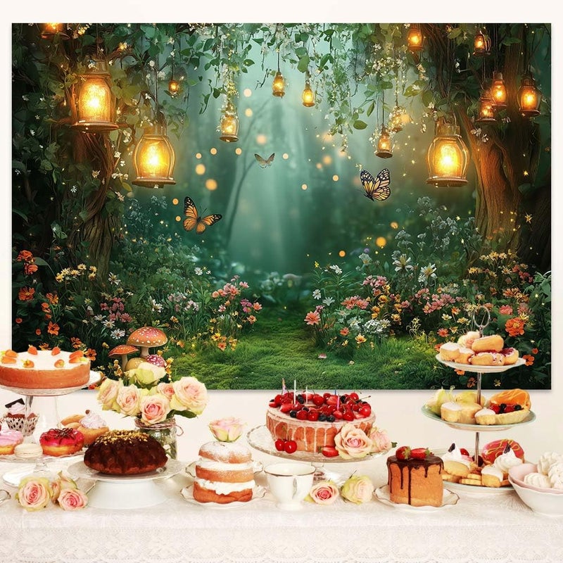 DZLGC Spring Enchanted Forest Backdrop, Fairy Tale Wonderland Garden Backdrops for Photoshoot, Mushroom Butterfly Woodland Fairy Tea Party Decorations Photo Booth Studio Props Backdrops 7X5FT - Image 4