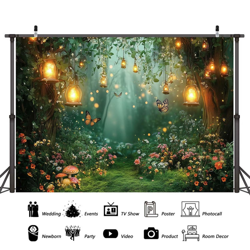DZLGC Spring Enchanted Forest Backdrop, Fairy Tale Wonderland Garden Backdrops for Photoshoot, Mushroom Butterfly Woodland Fairy Tea Party Decorations Photo Booth Studio Props Backdrops 7X5FT - Image 5
