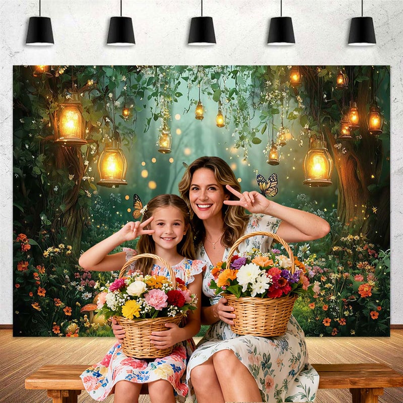 DZLGC Spring Enchanted Forest Backdrop, Fairy Tale Wonderland Garden Backdrops for Photoshoot, Mushroom Butterfly Woodland Fairy Tea Party Decorations Photo Booth Studio Props Backdrops 7X5FT - Image 2
