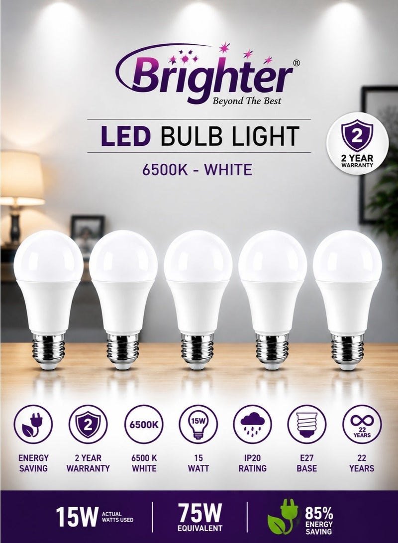 LED Light Bulbs 15W (75W Equivalent) E27 Screw Base, 6500K Cool Daylight White, IP20 Energy Saving LED Lamp, 2-Year Warranty, High Brightness, Long Life, Pack of 5 - Image 1