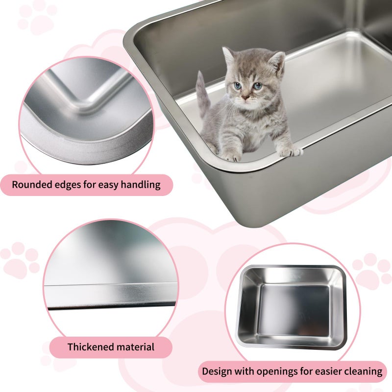 Olutacot 4 Pcs Large Stainless Steel Litter Box 17.7" X 13.8" X 5.9" Metal Cat Litter Box with 30 Pcs Non-Slip Gaskets Large Litter Pan for Cat Kitties No Smell Non Stick Pet Toilet Supplies - Image 3