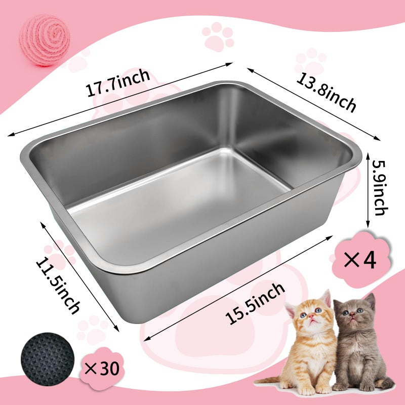 Olutacot 4 Pcs Large Stainless Steel Litter Box 17.7" X 13.8" X 5.9" Metal Cat Litter Box with 30 Pcs Non-Slip Gaskets Large Litter Pan for Cat Kitties No Smell Non Stick Pet Toilet Supplies - Image 2