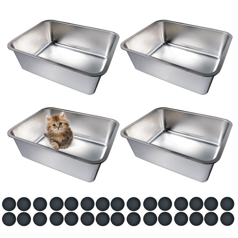 Olutacot 4 Pcs Large Stainless Steel Litter Box 17.7" X 13.8" X 5.9" Metal Cat Litter Box with 30 Pcs Non-Slip Gaskets Large Litter Pan for Cat Kitties No Smell Non Stick Pet Toilet Supplies - Image 1