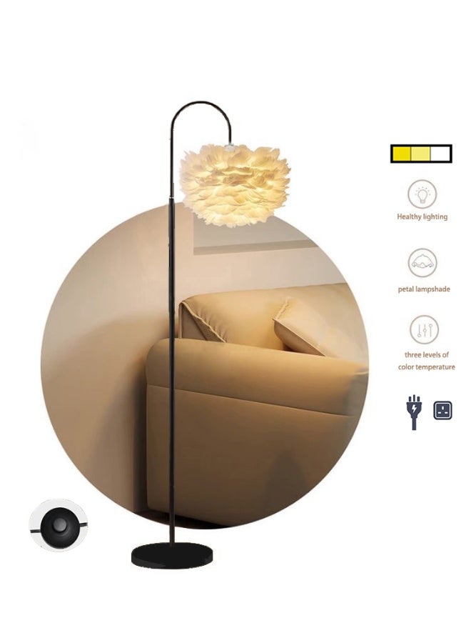Premium Feather Lampshade Floor Lamp - Black-Colored Metal Body, 1550mm Height, E27 Socket with Foot Switch, 3-Level Color Temperature Adjustable Remote Control Standing Lamp, Modern Minimalist Style, Suitable for Living Room, Bedroom, Study, and Hotel, 10-20m² Coverage - Image 1