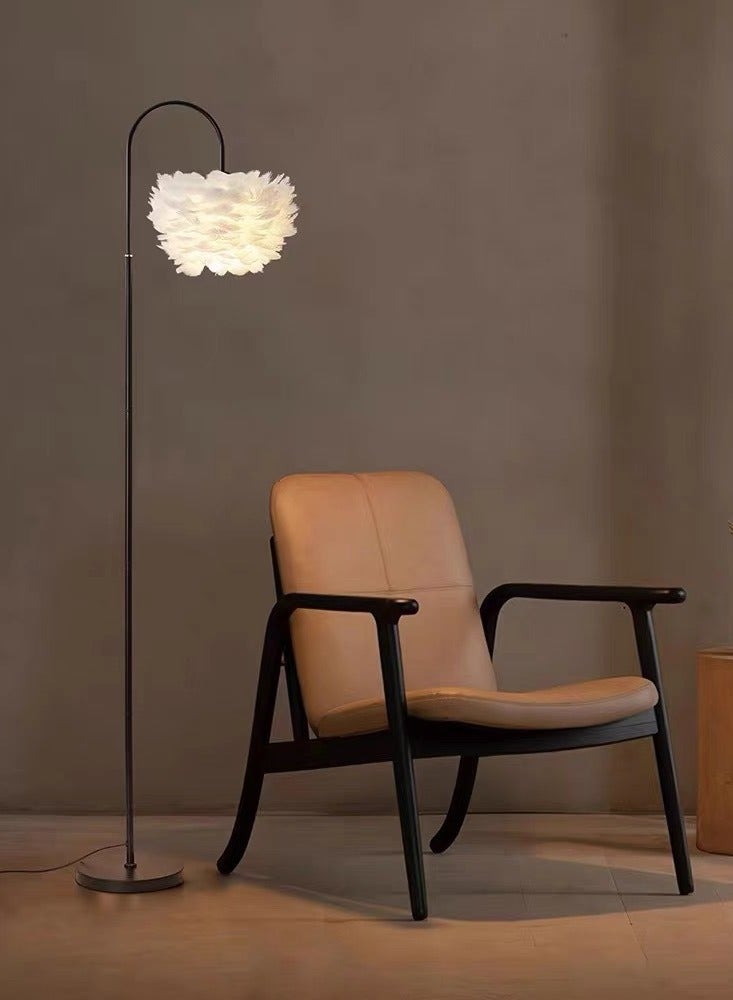 Premium Feather Lampshade Floor Lamp - Black-Colored Metal Body, 1550mm Height, E27 Socket with Foot Switch, 3-Level Color Temperature Adjustable Remote Control Standing Lamp, Modern Minimalist Style, Suitable for Living Room, Bedroom, Study, and Hotel, 10-20m² Coverage - Image 2