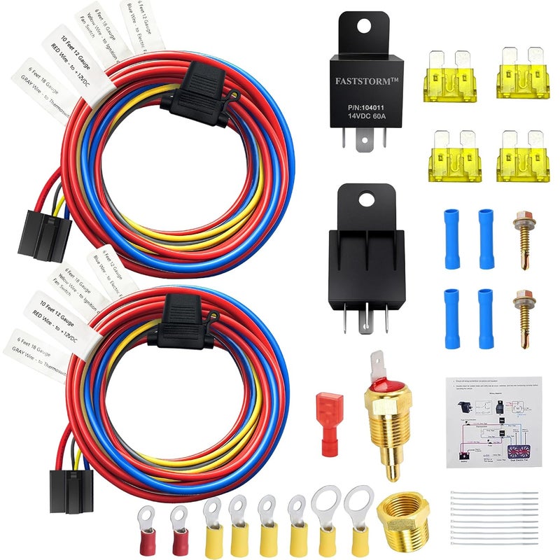 FASTSTORM Dual Electric Fan Relay Kit Electric Radiator Fan Kit Temperature Sensor Switch 185 On 175 Off Automotive Wiring Kit 60 Amp Cooling Fan Relay Switch Kit 4 Pin Waterproof Relay Kit - Image 1