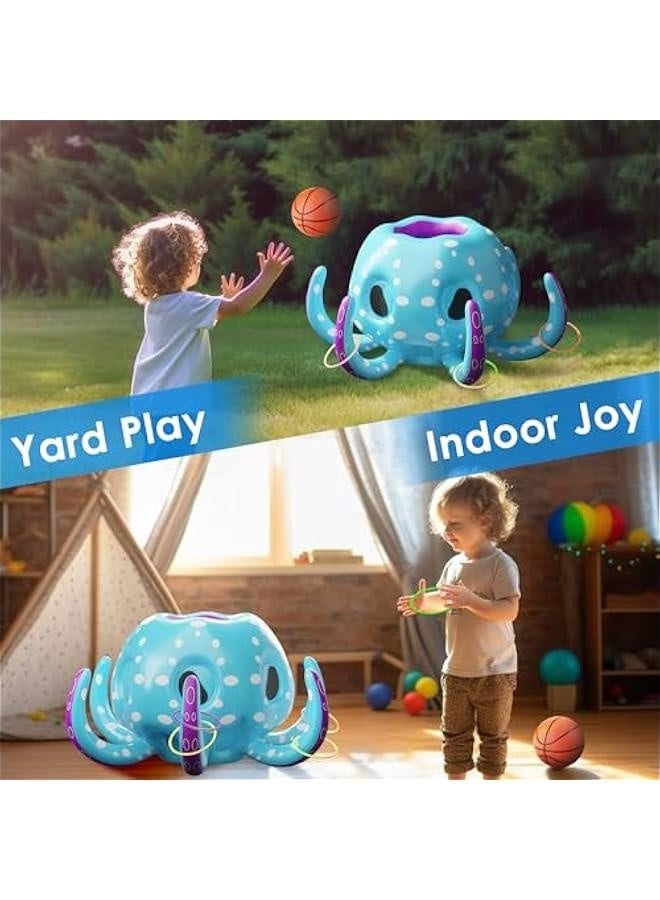 Generic Pool Wave Kids Octopus Pool Toys, 2-in-1 Inflatable Float Water Game, Basketball Hoop Ring Toss Outdoor Swim Play, Cool Summer Family Party Gift 3 4 5 6 7 8 Year Old Boy Girl Child-Blue  - Image 4